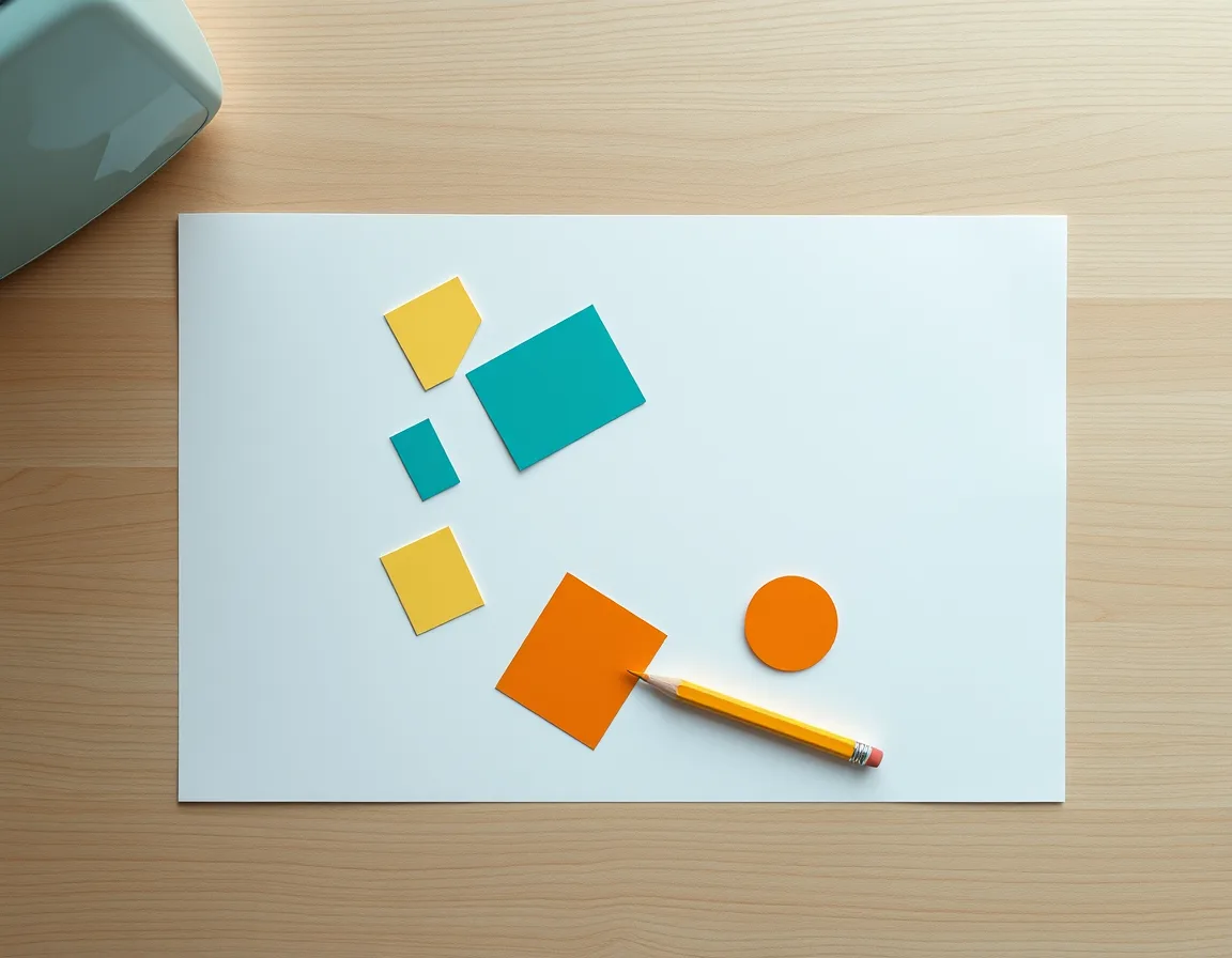 Blank sheet of paper on a wooden desk with colored paper shapes arranged freely, suggesting a blank canvas app design