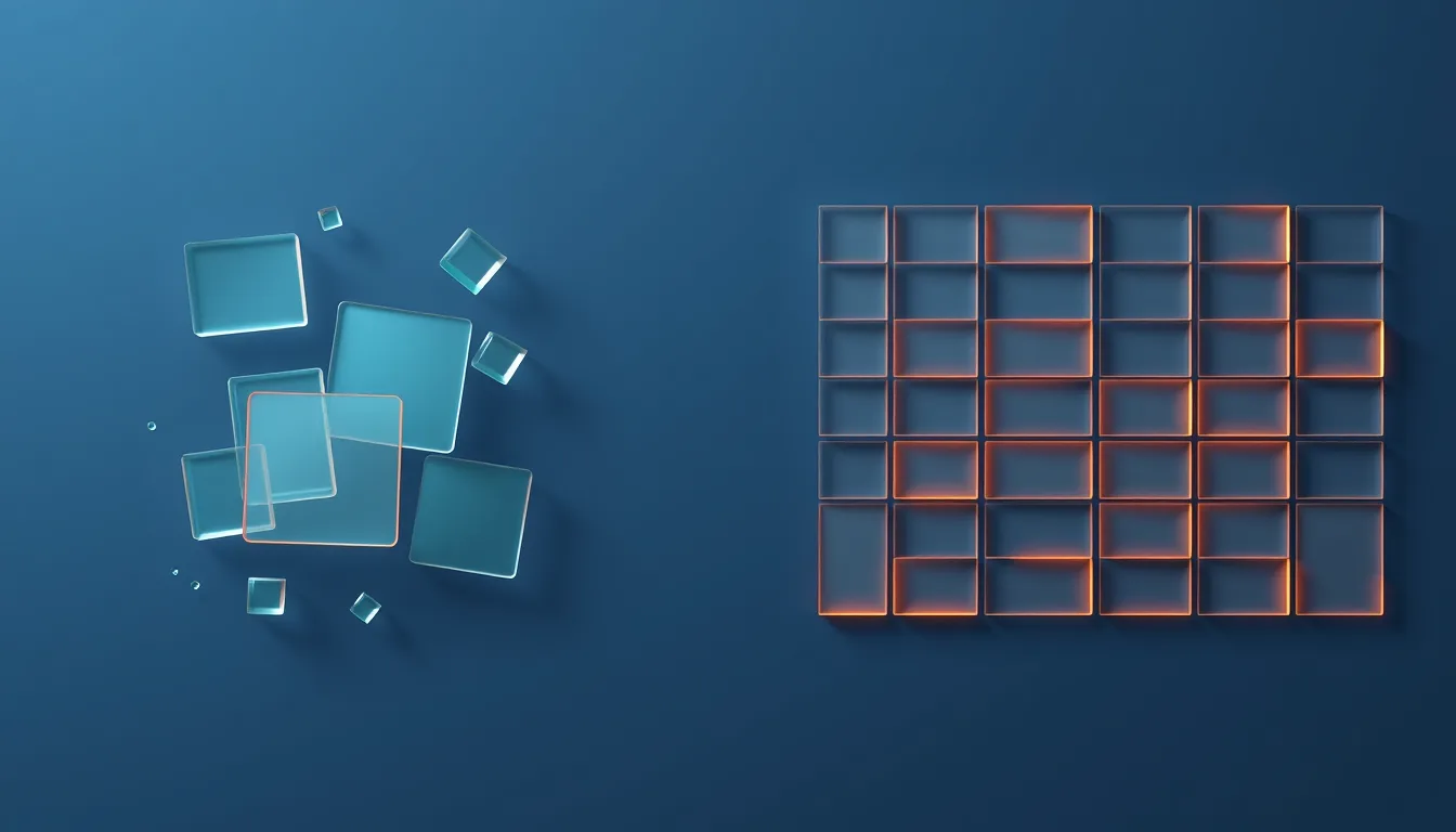 Abstract illustration contrasting a freeform arrangement of glowing panels with a neatly structured grid of panels