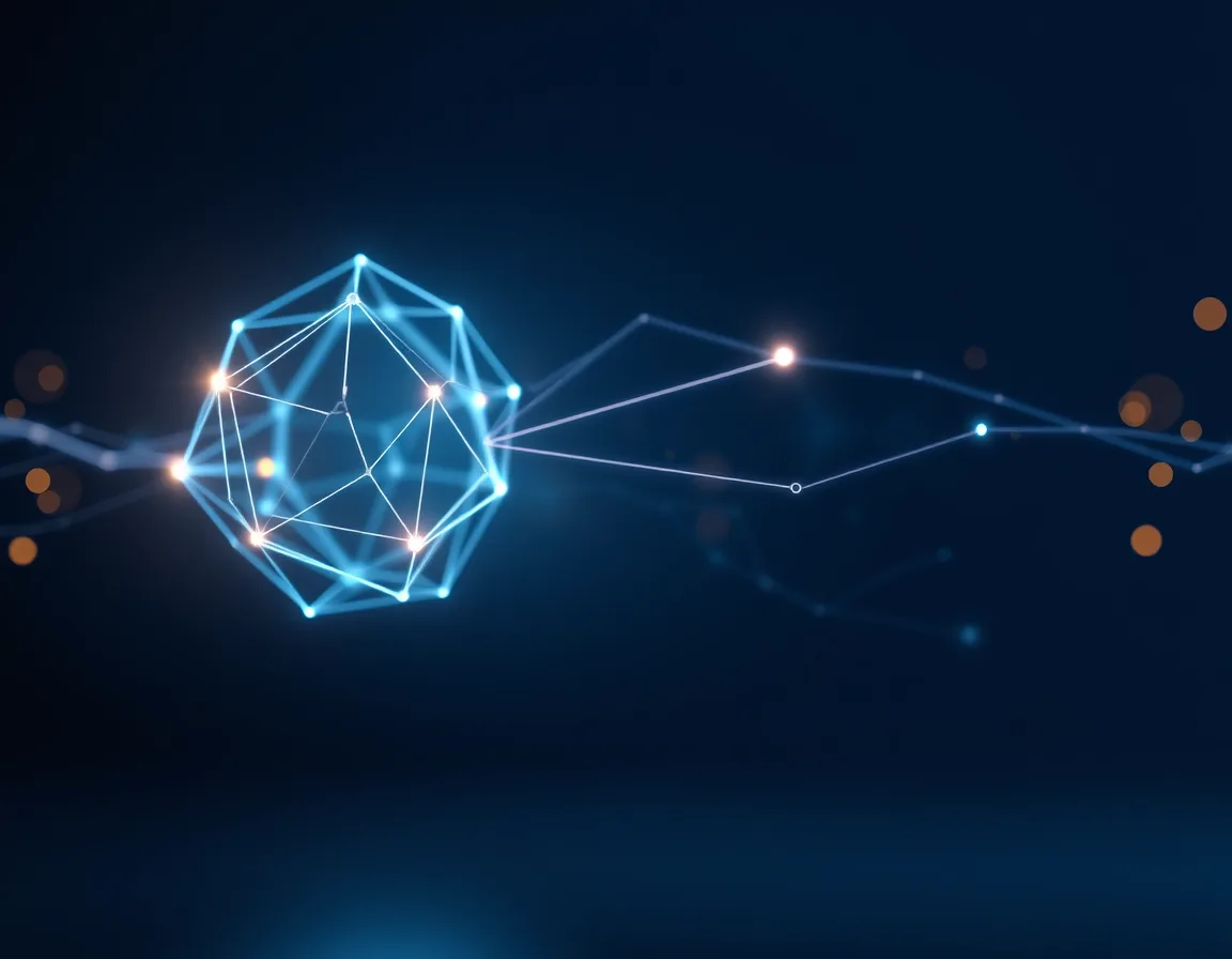 Abstract illustration of glowing data nodes connected by lines between two structures, representing AI connecting to Dynamics 365 data
