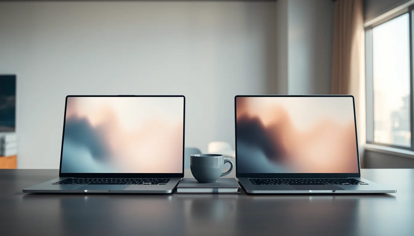 Two laptops side by side on an office desk, representing a comparison of Claude and Microsoft 365 Copilot for business