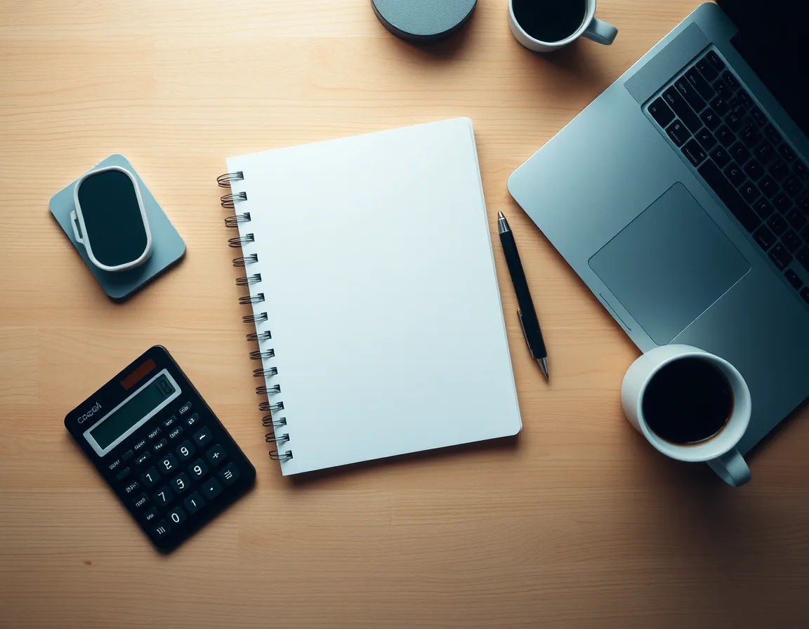 Desk with a notebook, calculator, and laptop used to plan AI assistant seat licenses for a team