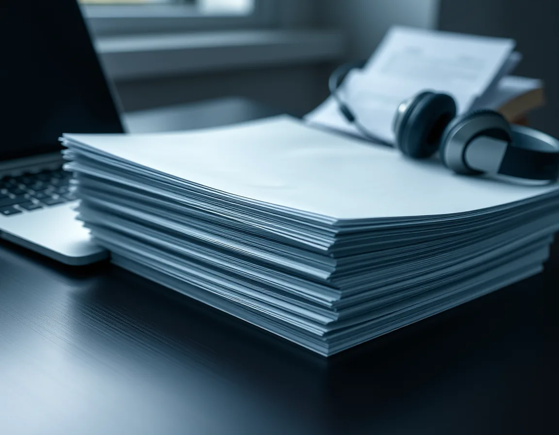Thick stack of printed documents next to a laptop and a headset, representing long-document analysis and meeting work