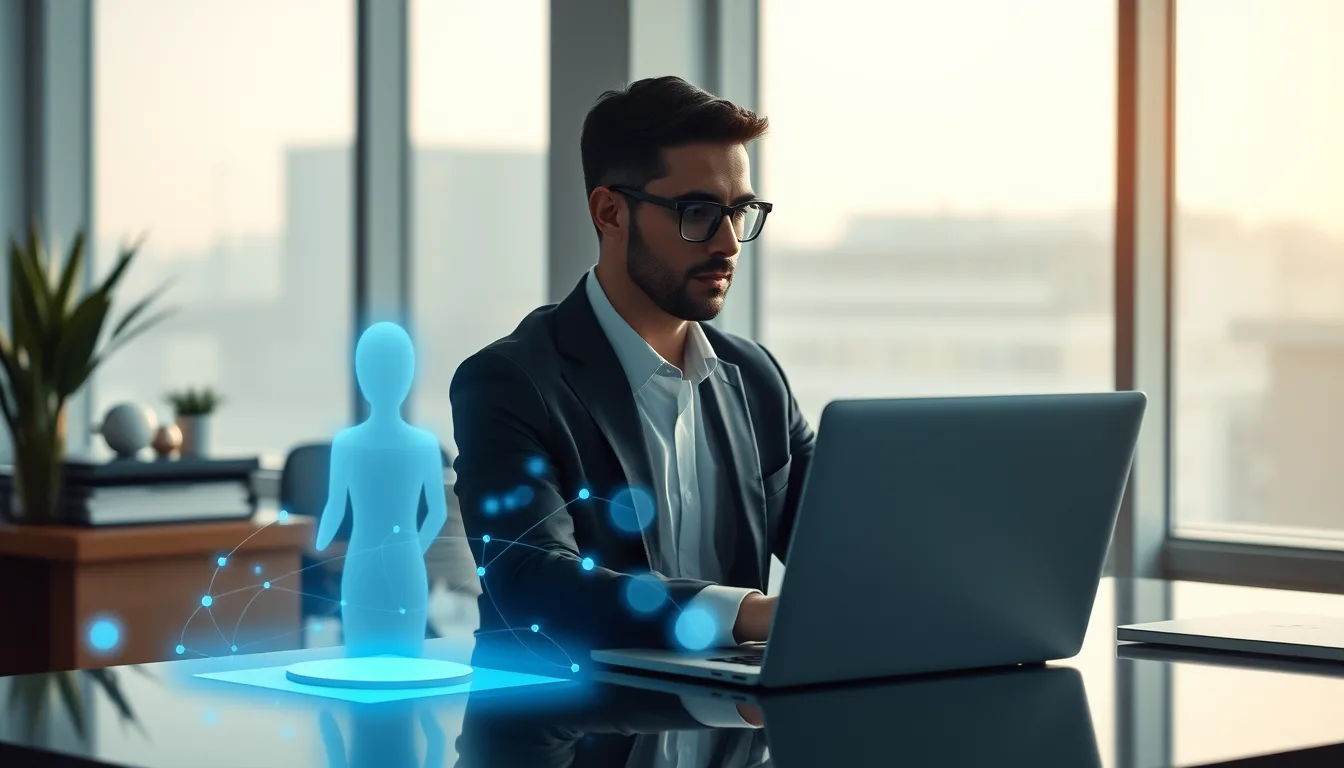 Copilot in Dynamics 365 use cases illustrated by a professional working beside a glowing AI assistant