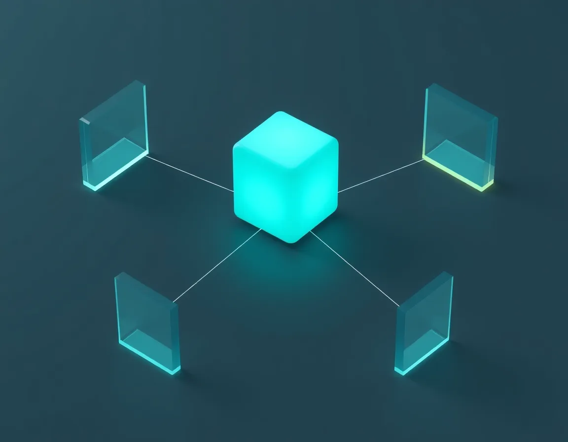 Small glowing cube connected by light lines to several translucent workspace panels, representing a Fabric Copilot capacity serving Pro workspaces