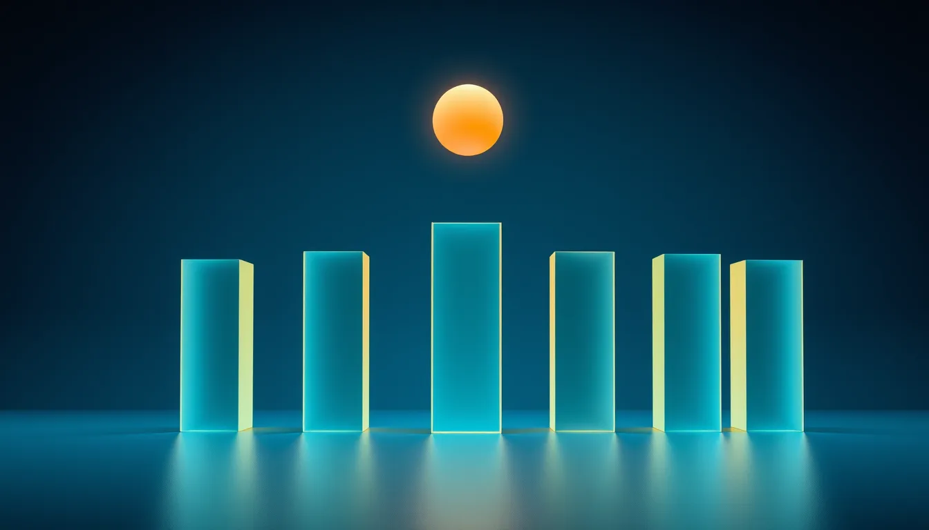 Abstract illustration of glowing glass columns of different heights beneath a small orange orb, suggesting a Power BI chart with AI