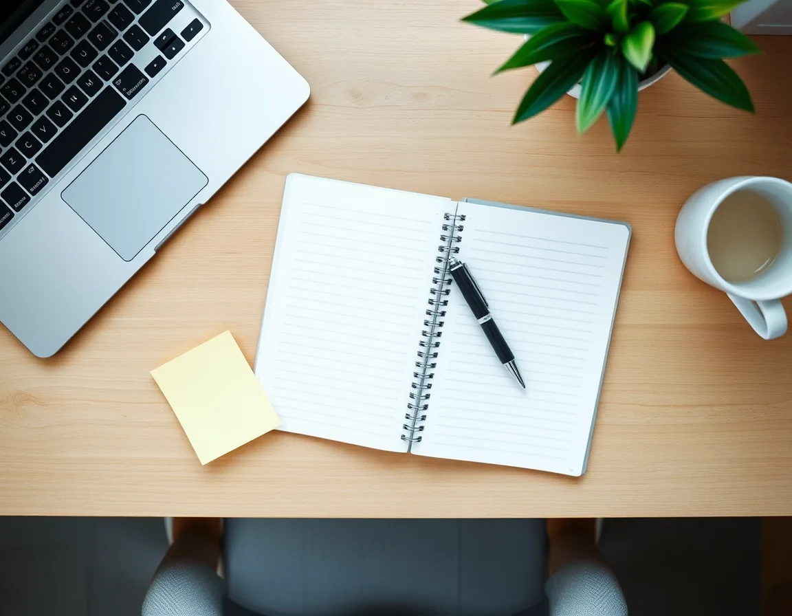 Desk with a laptop, an open notebook and pen, a sticky note, a plant, and a coffee cup, set up for a Copilot readiness review