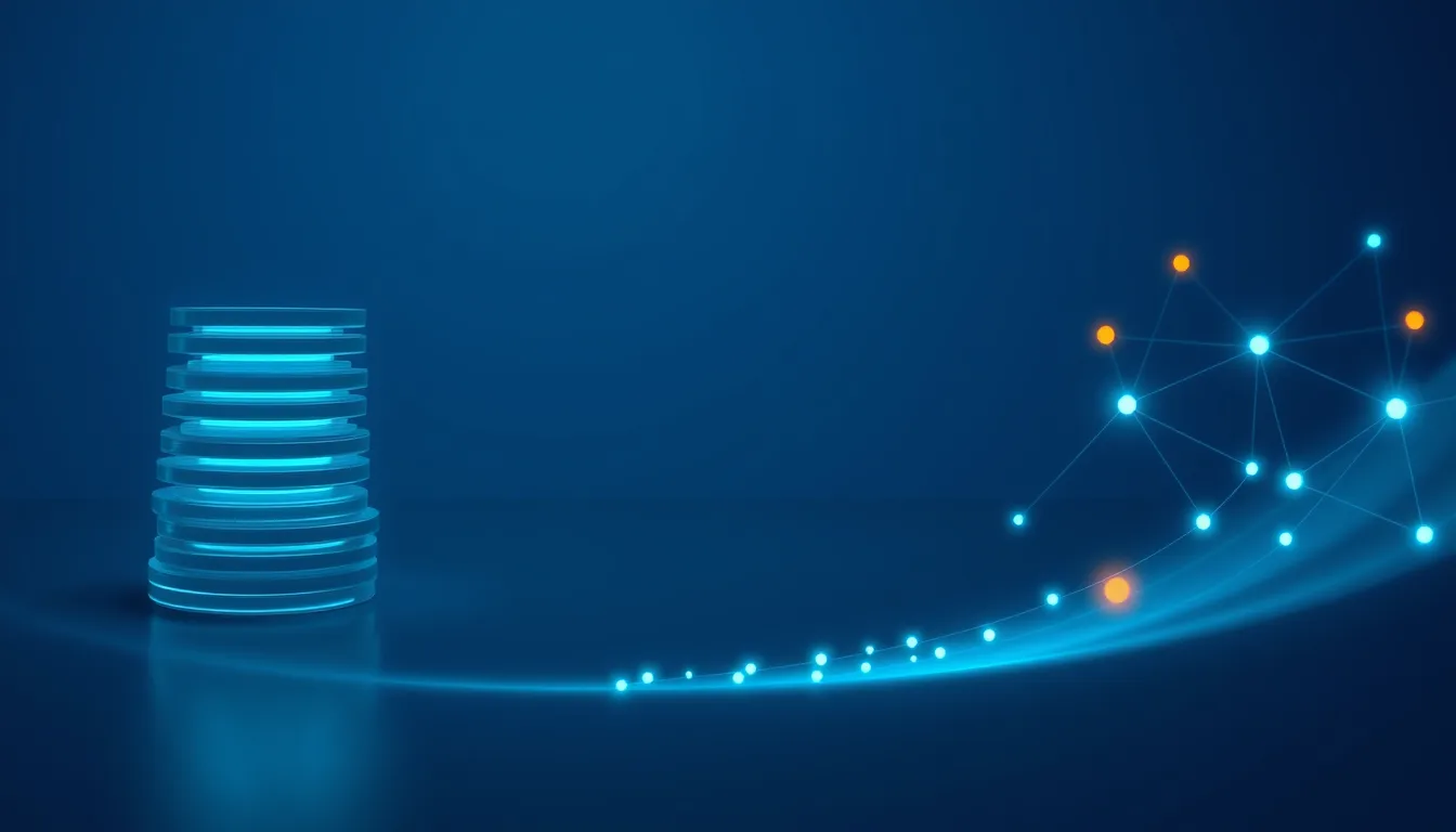 Abstract illustration of small glowing tokens flowing from a stack of translucent discs into a network of connected nodes