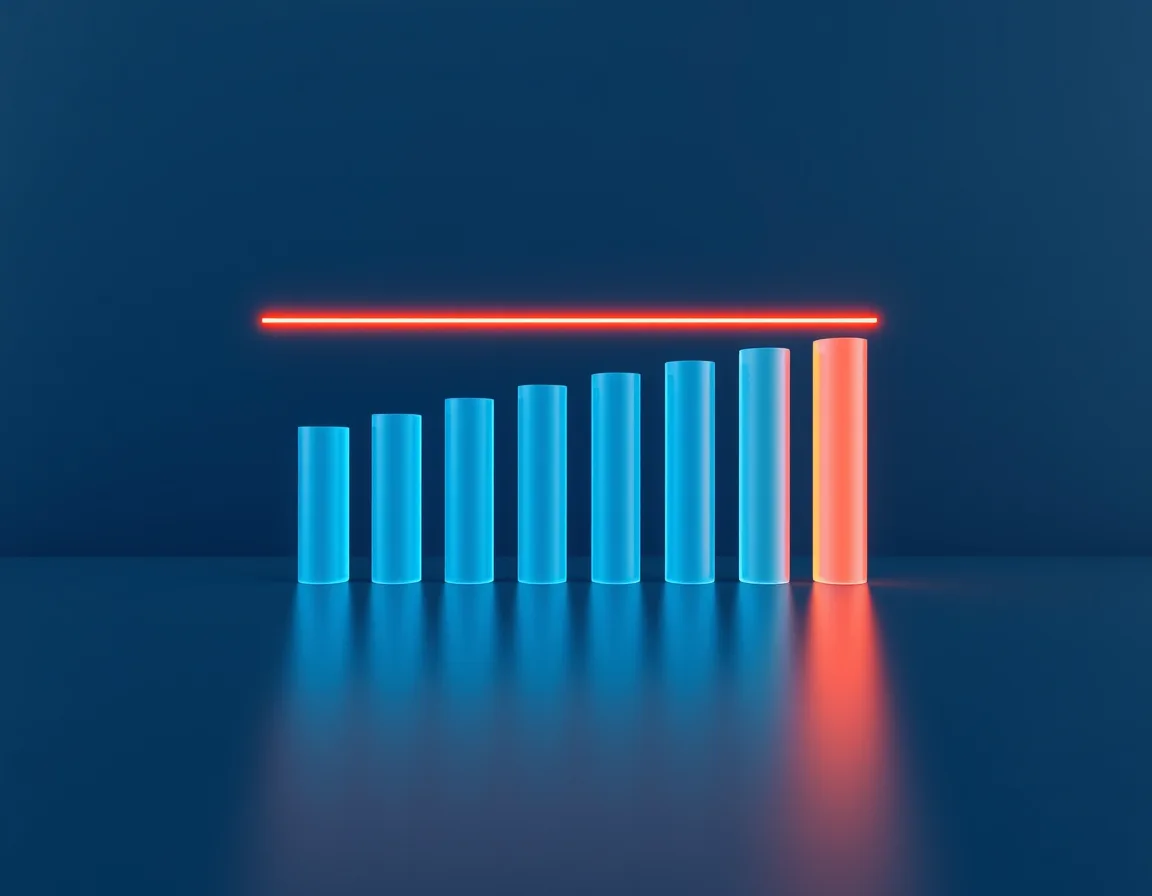 Glowing columns of rising height under a thin red line that marks a spending limit, representing Copilot Studio usage monitoring