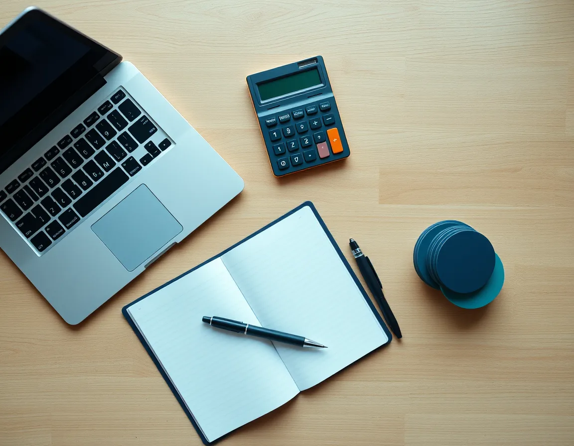 Desk with a laptop, a calculator, an open notebook, pens, and a small stack of discs, used to compare Copilot Studio credit packs and pay-as-you-go