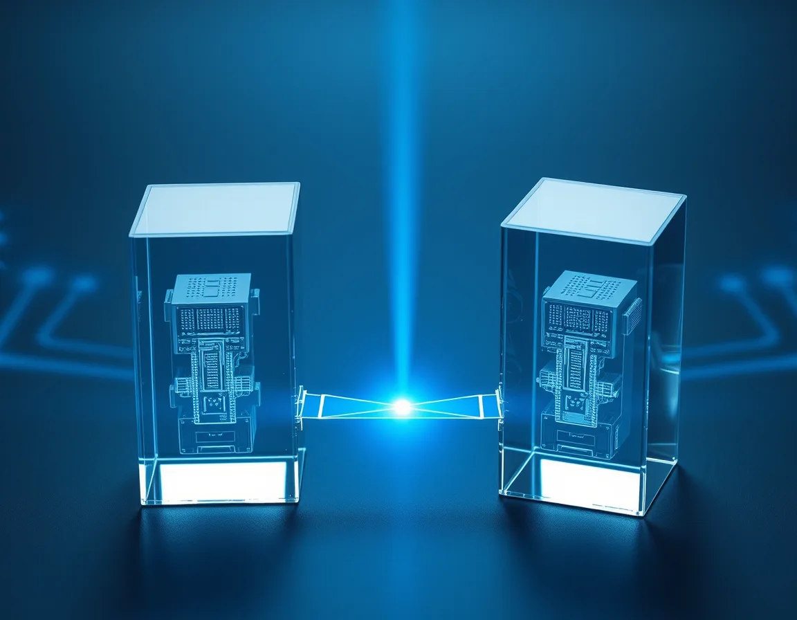 Two connected glass blocks representing a Copilot Studio agent handing work to a custom agent