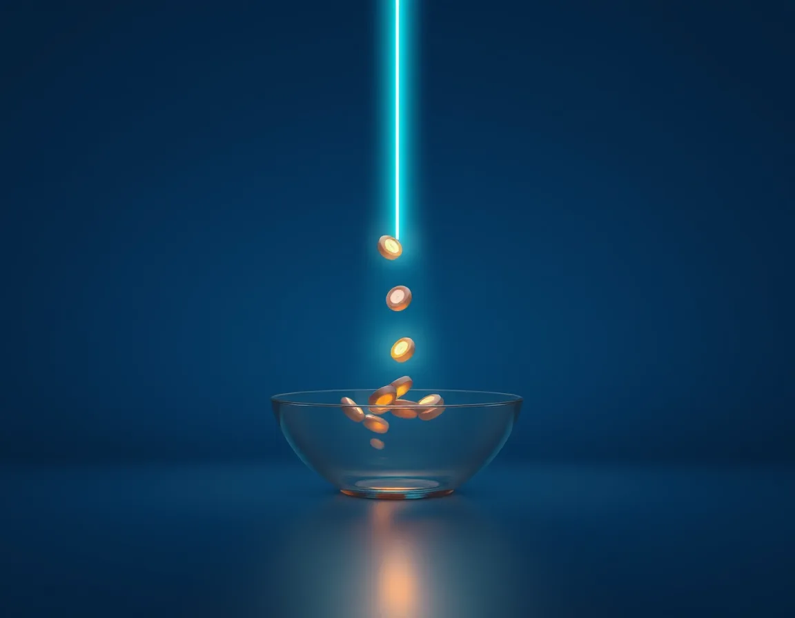 Small glowing tokens dropping one by one from a light beam into a translucent dish, representing usage-based billing for MCP tool calls