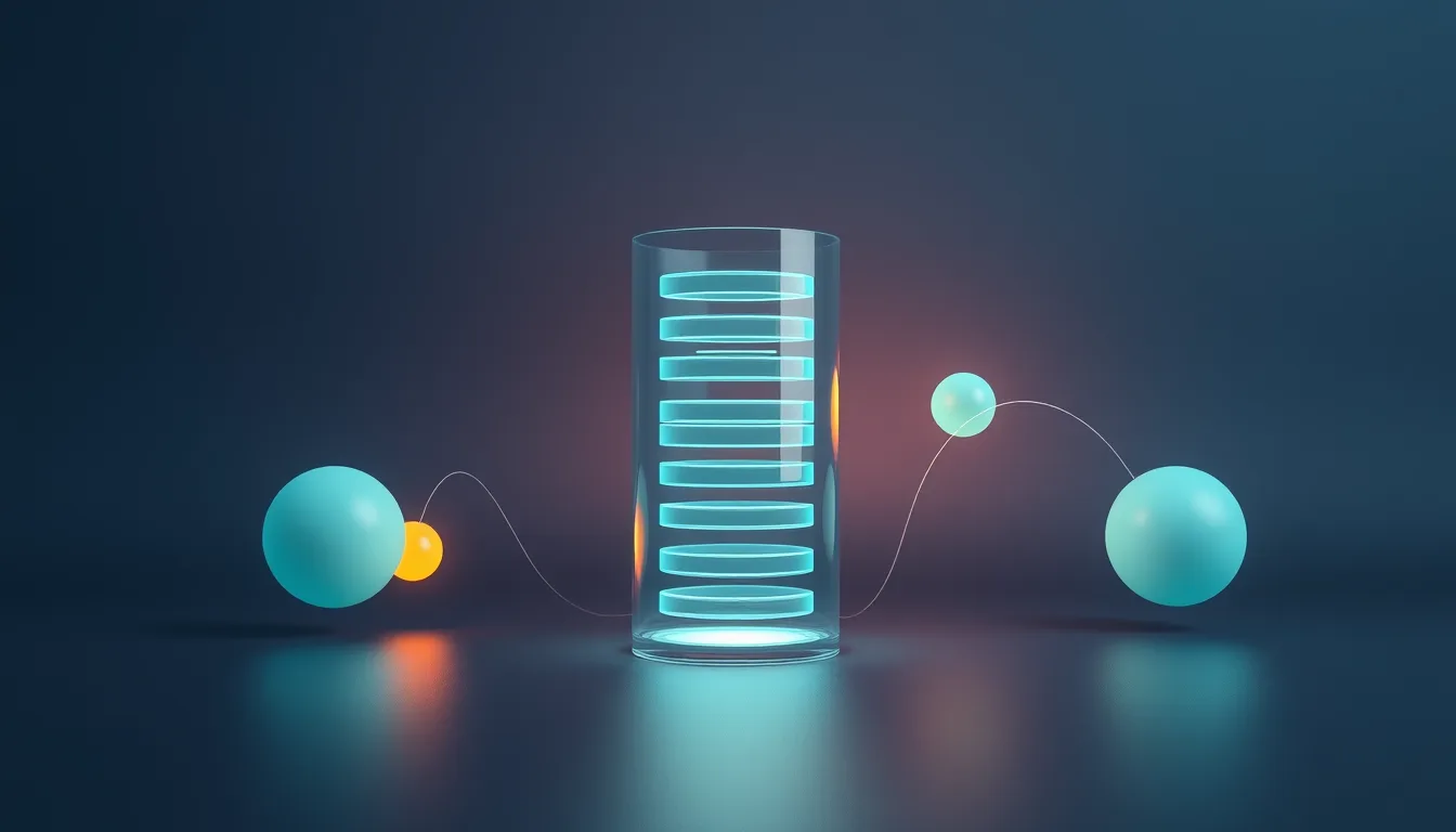 Abstract illustration of a glowing glass data cylinder linked by thin light paths to floating spheres, representing AI agents connecting to Dataverse