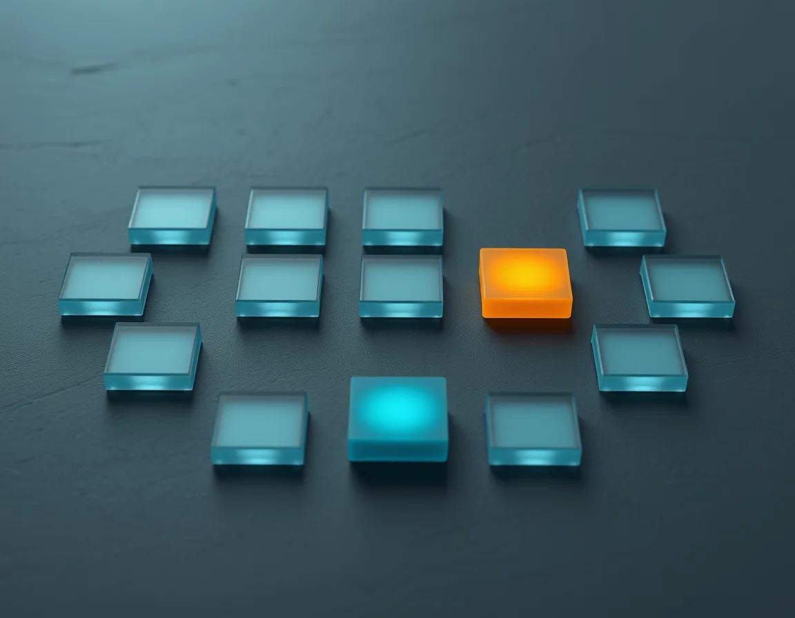 Loose grid of translucent glass tiles on a dark surface, a few glowing teal and one glowing orange, representing the Dataverse MCP tool set