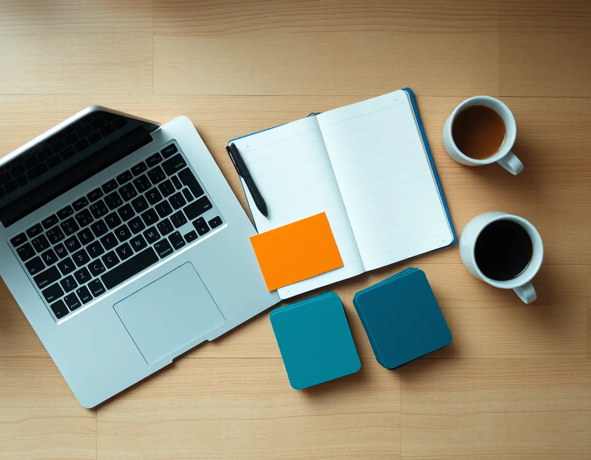 Desk with a laptop, an open notebook, a pen, and two square cards side by side, representing a choice between two data options