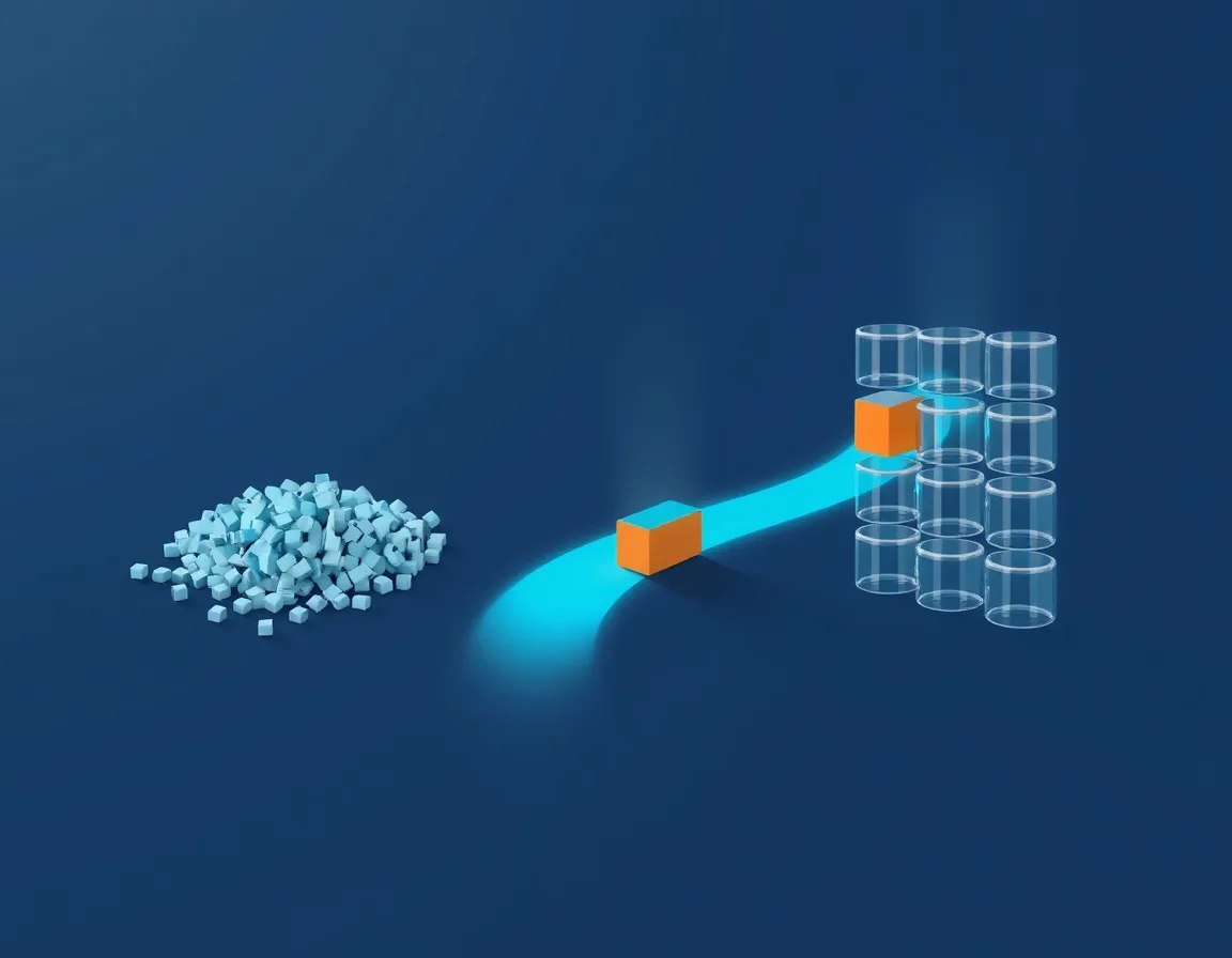 Abstract illustration of small glowing blocks flowing along a curved light path from a loose pile into an organized grid of connected containers