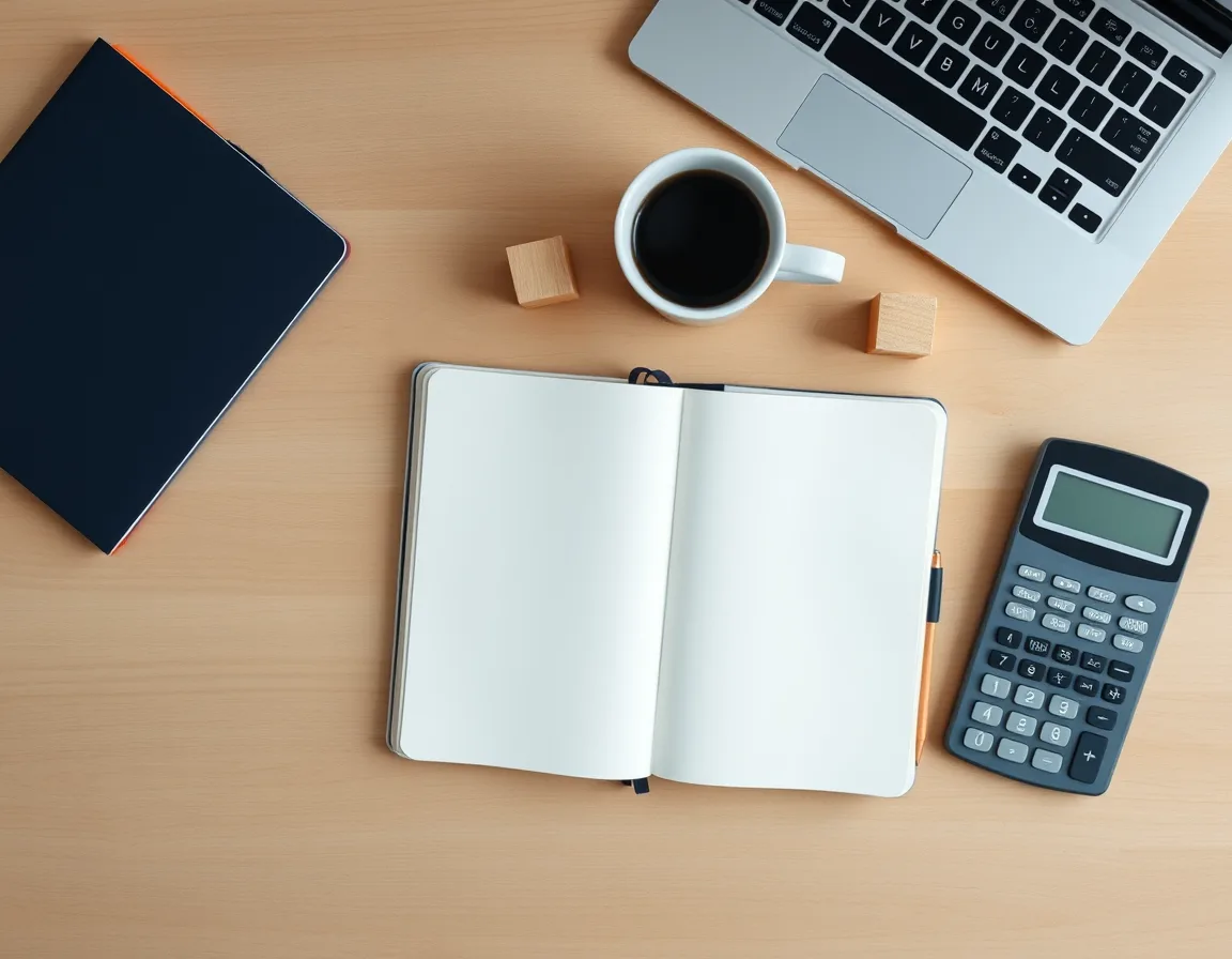 Desk with a blank notebook, calculator, and small wooden blocks used to plan marketing platform capacity costs