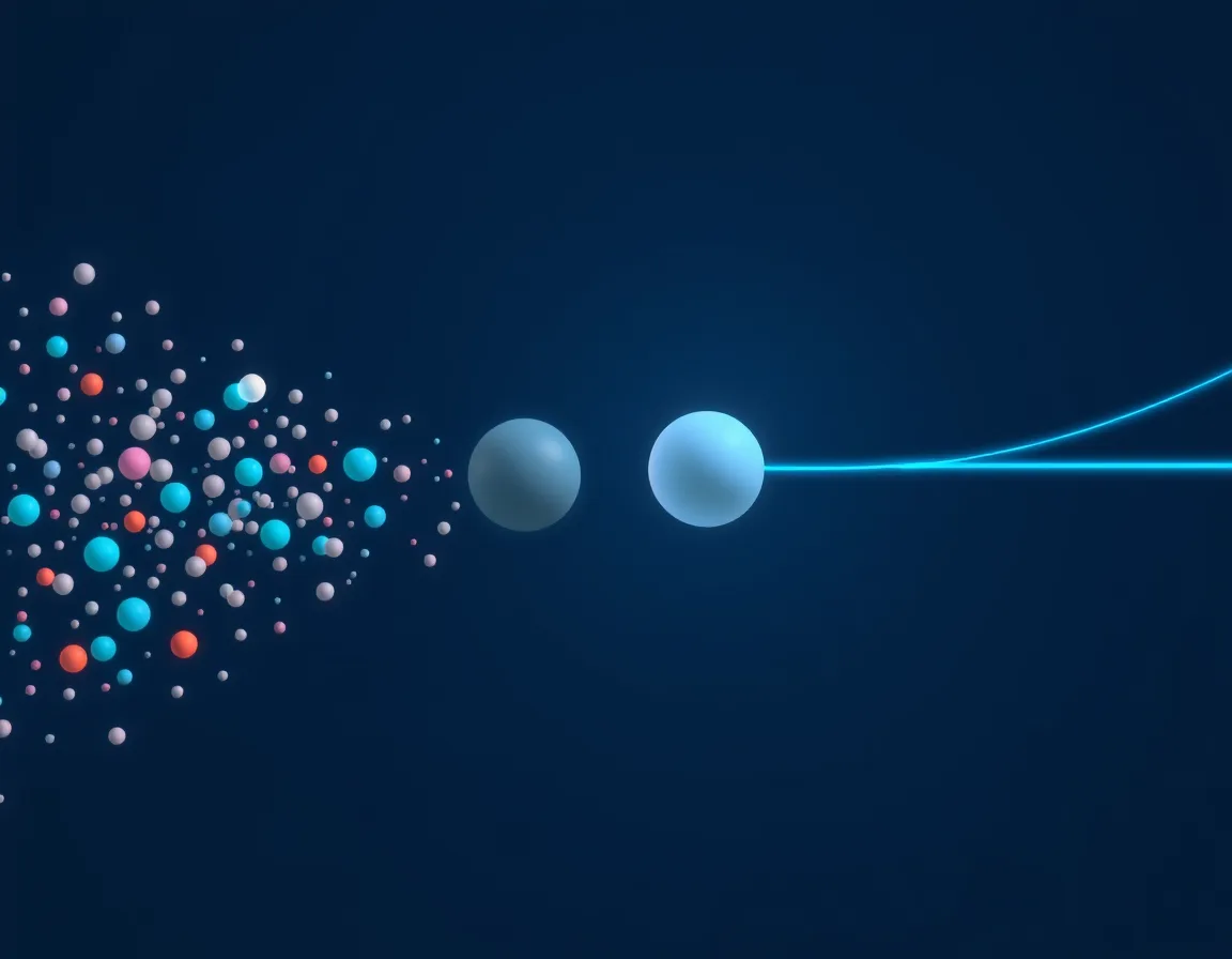 Abstract illustration of scattered customer data points merging into single profiles that branch into message paths