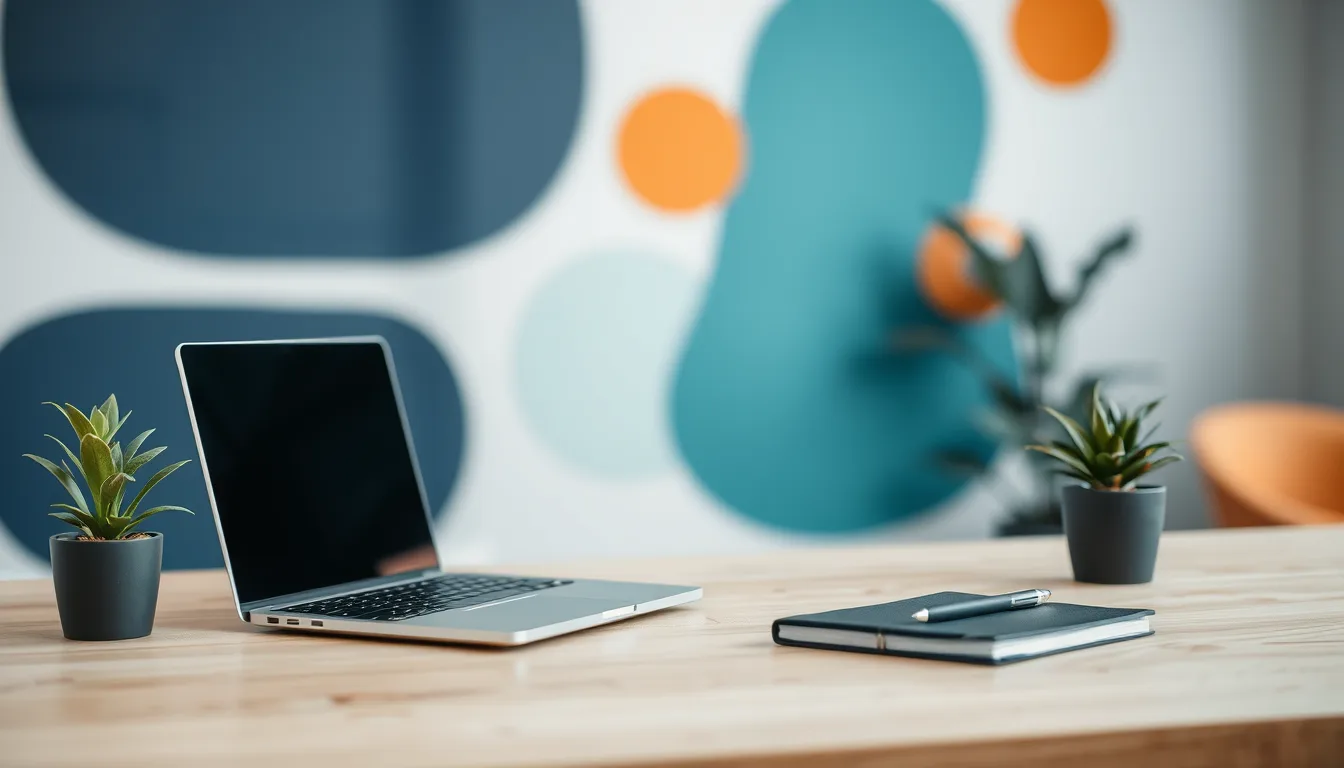 Quiet marketing workspace with a laptop, notebook, and plants in front of a colorful wall, suggesting campaign planning