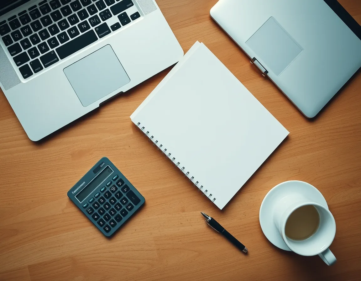 Desk with a blank notebook, calculator, pen, and laptop used to plan Customer Service license and Copilot Credit costs