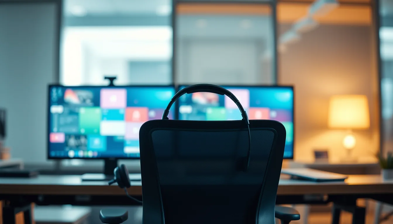Empty customer support workstation with a headset on the chair and blurred monitors in the background