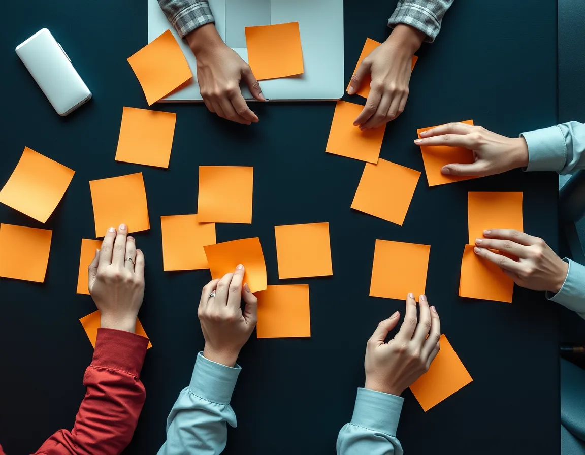 Team's hands arranging sticky notes on a table while deciding which support platform fits