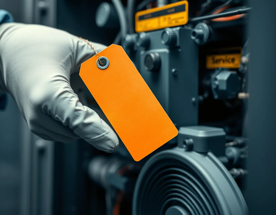 Close-up of a technician's hands replacing a part on industrial equipment with a service tag attached