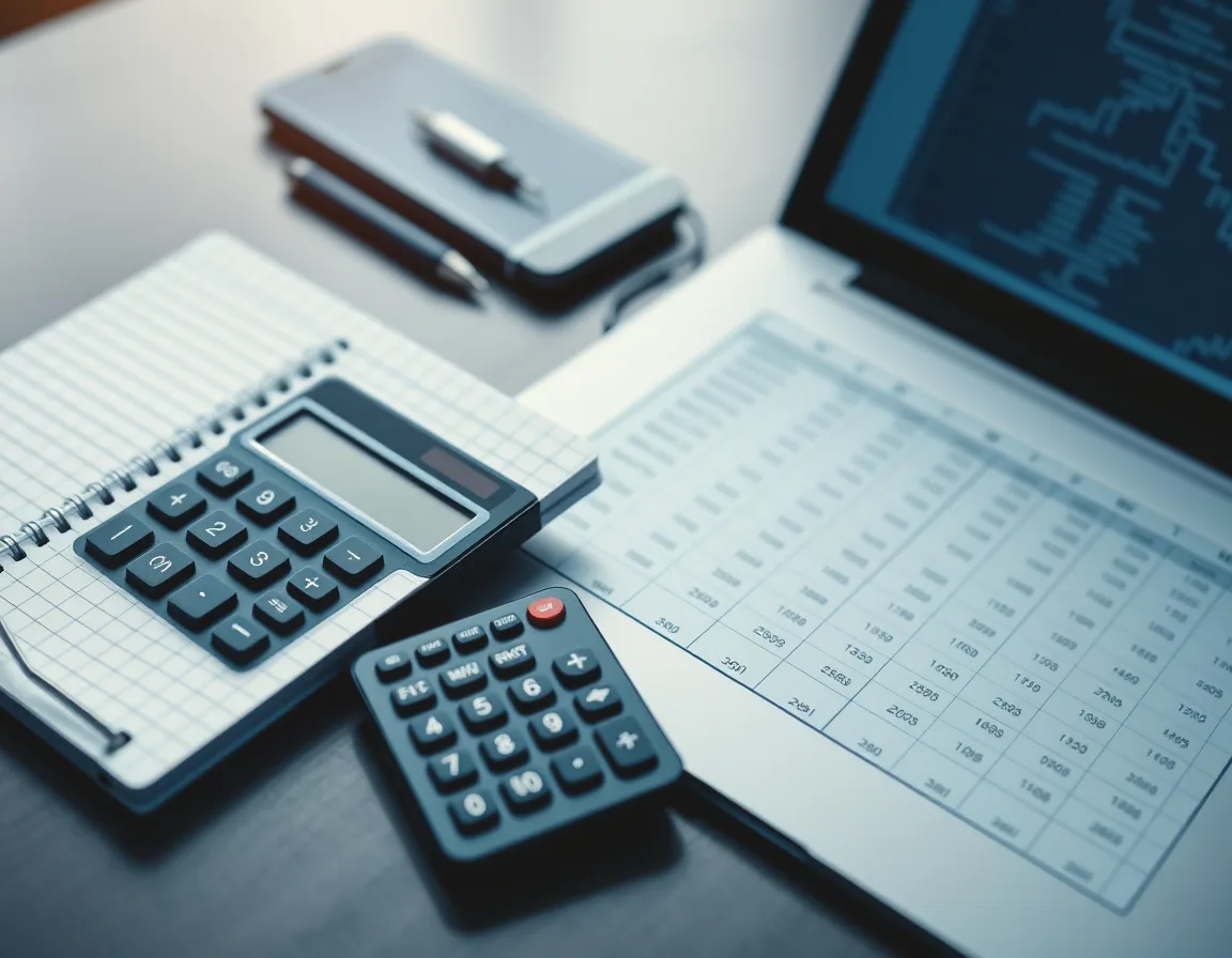 Notebook, calculator, and laptop spreadsheet used to plan Dynamics 365 Field Service license costs