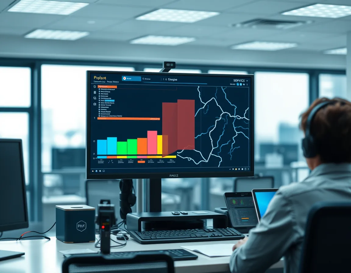 Dispatcher desk with a large monitor showing a color-coded technician schedule and route map