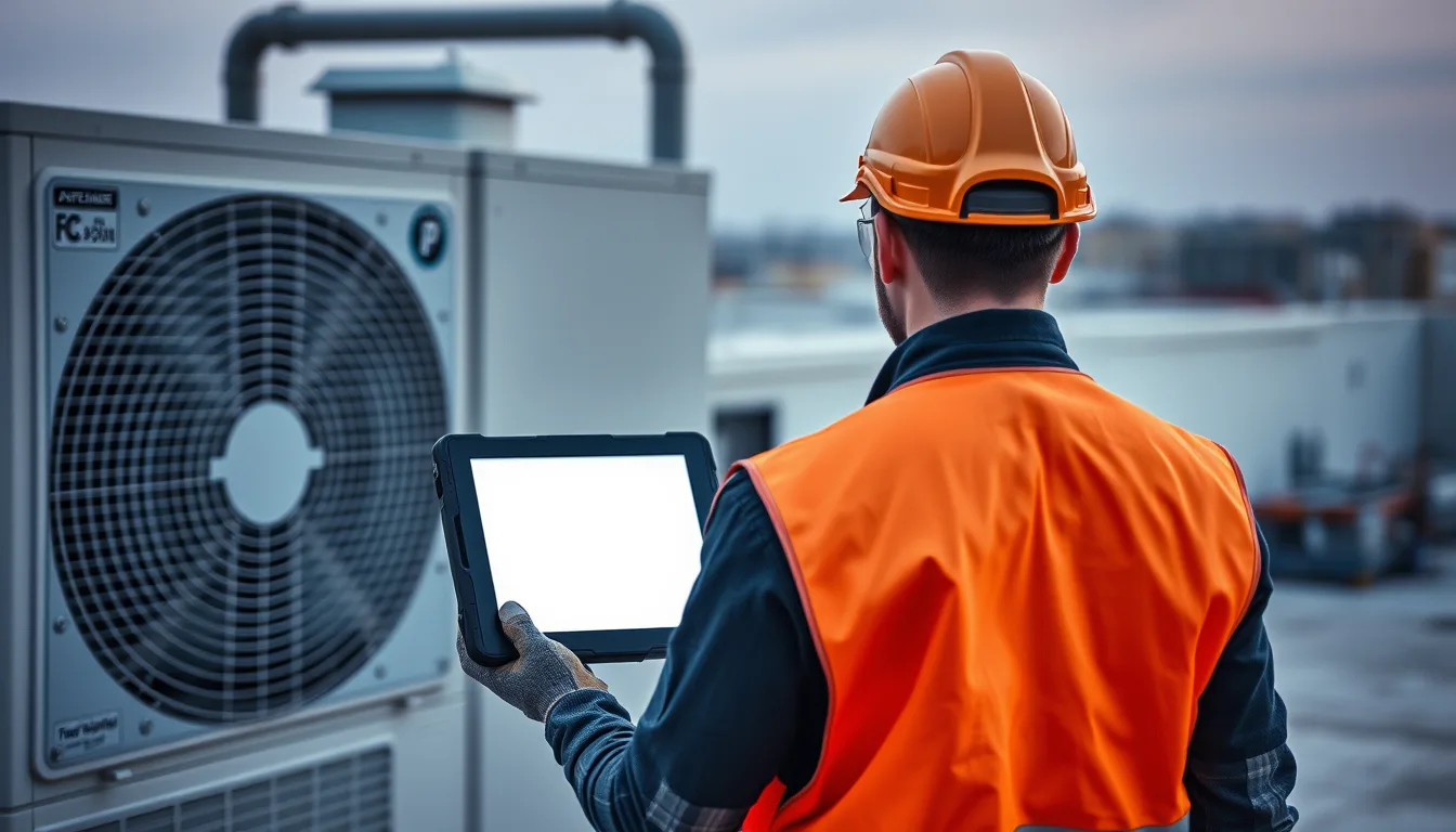 Field service technician in work gloves holding a rugged tablet beside an HVAC rooftop unit, face not visible