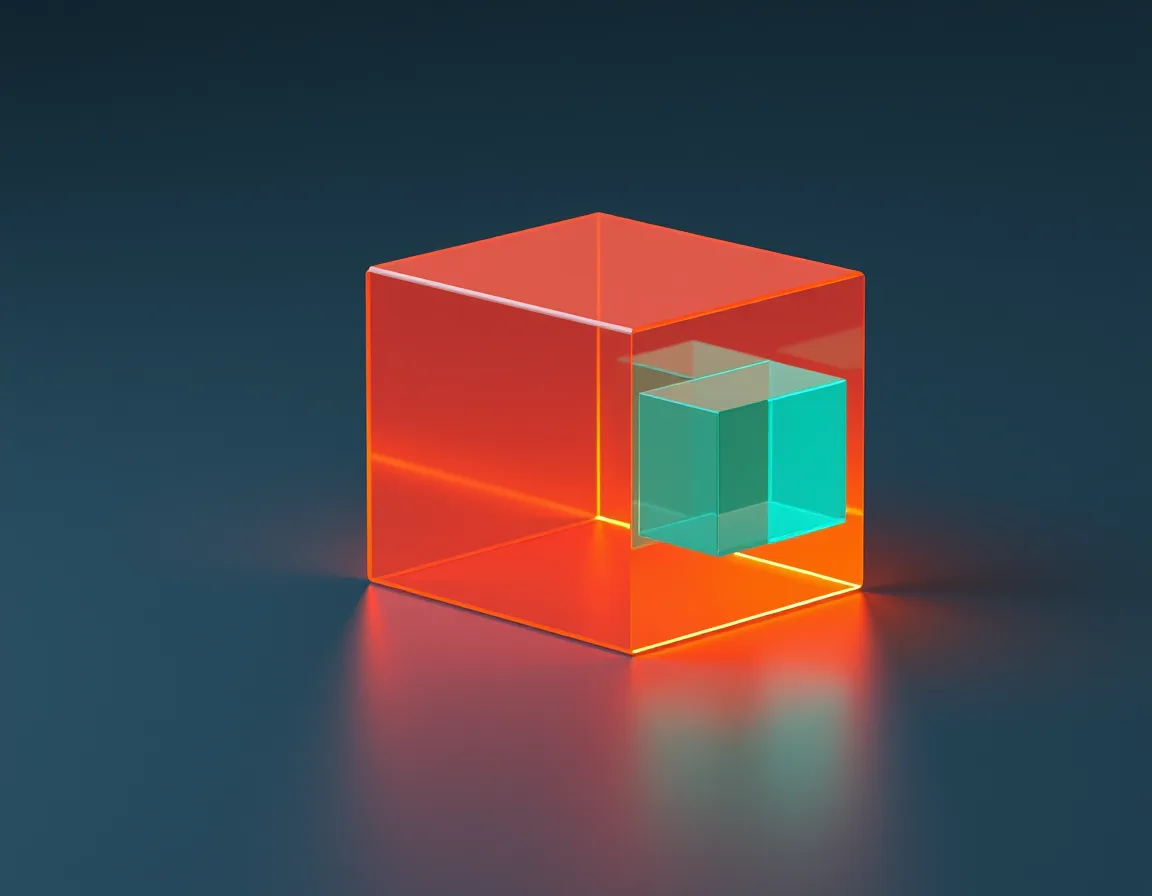 Large glowing orange glass cube holding a smaller teal cube inside it, representing a base license carrying an attach license