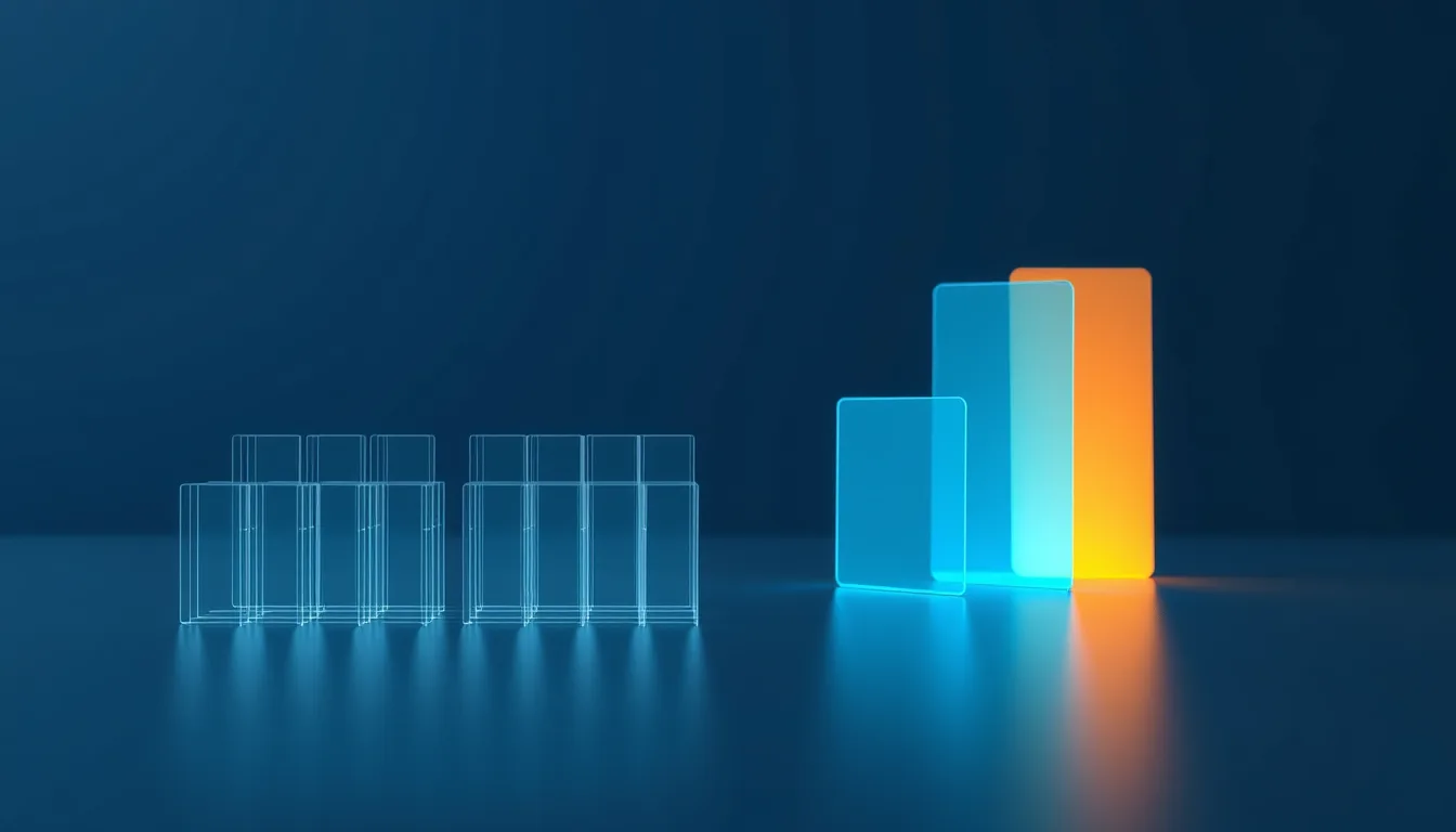 Abstract illustration of glowing glass key cards of different sizes arranged in tiers, representing Dynamics 365 Finance license types