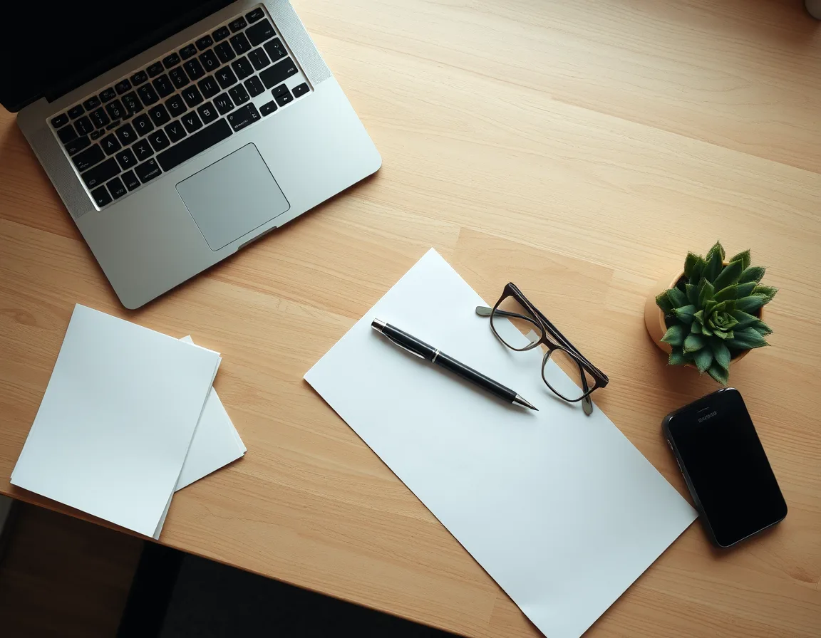 Office desk with a laptop, blank worksheets, a pen, reading glasses, a phone, and a succulent, set up for a security role and license review