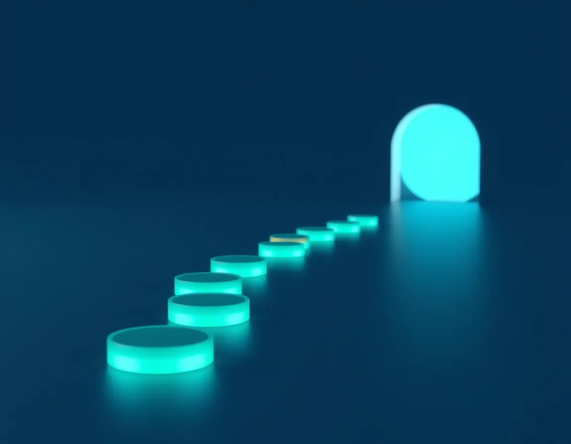 Line of glowing glass tokens passing through a softly lit gateway on a dark surface, representing license validation at sign-in