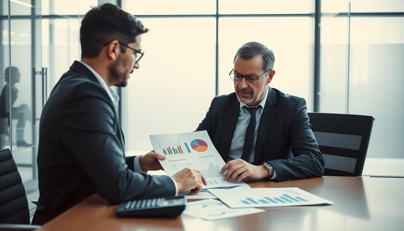 Dynamics 365 implementation cost review between a finance director and an IT consultant with printed budget charts