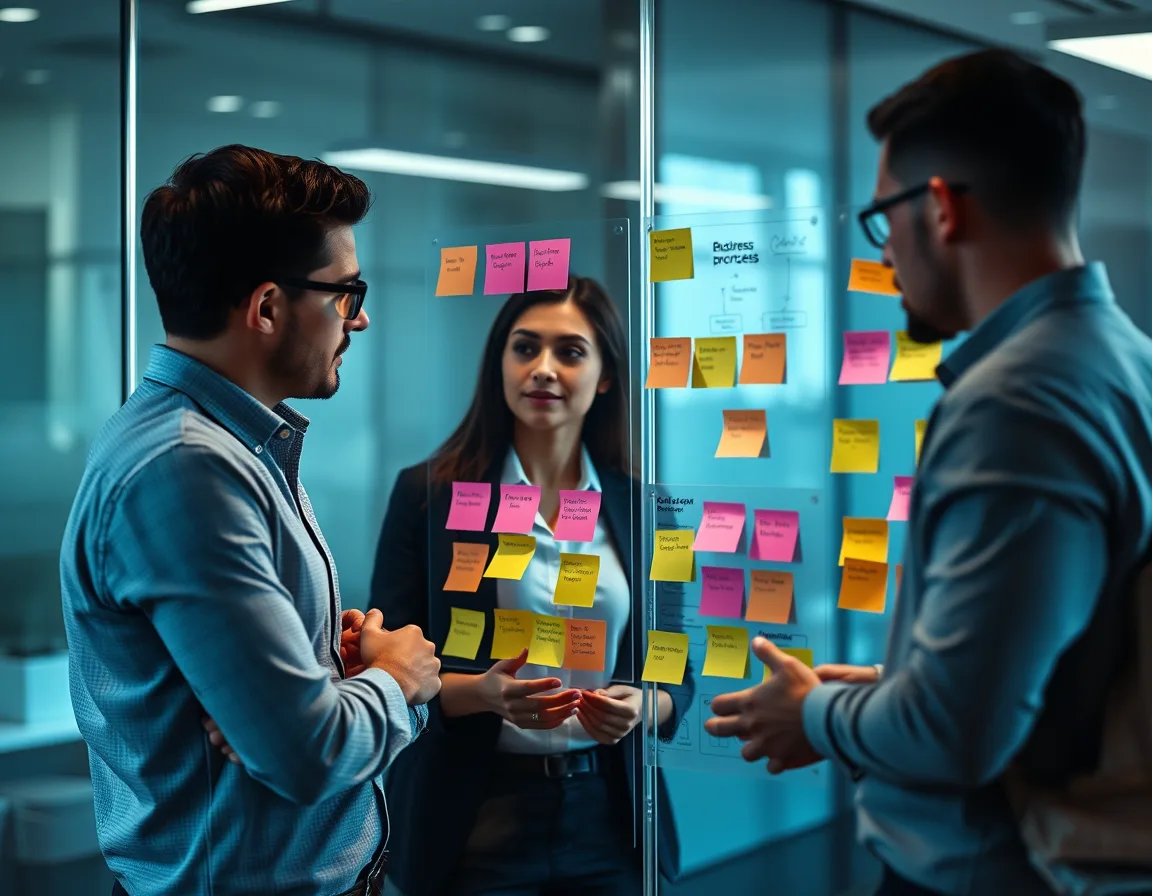 Business analysts mapping processes with sticky notes during a Dynamics 365 discovery workshop