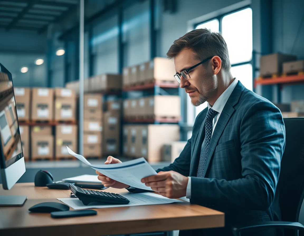 Distribution operations manager reviewing a printed Business Central implementation budget in a warehouse office