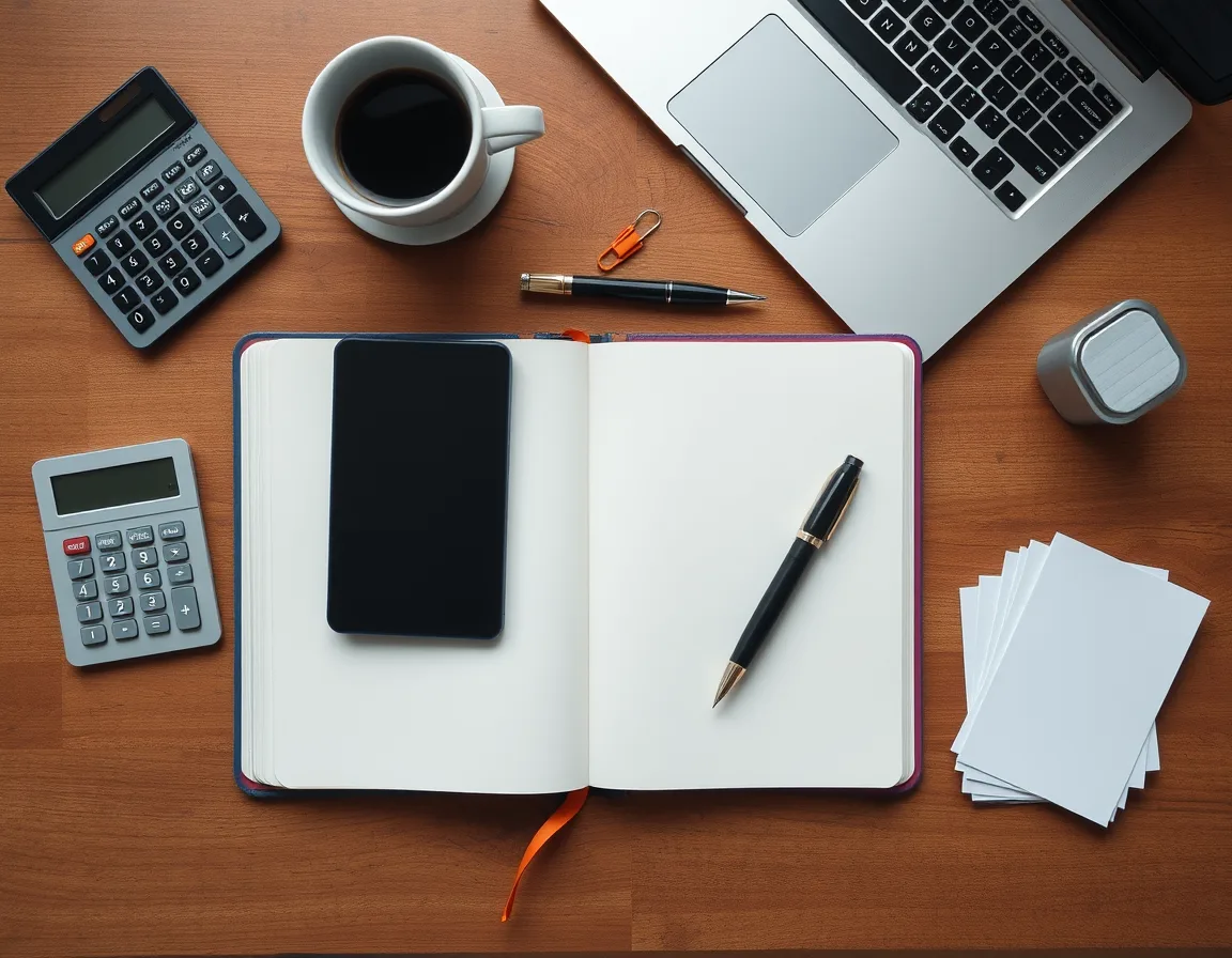 Desk with an open notebook, calculators, laptop, and coffee cup used to plan Dynamics 365 Sales license and storage costs