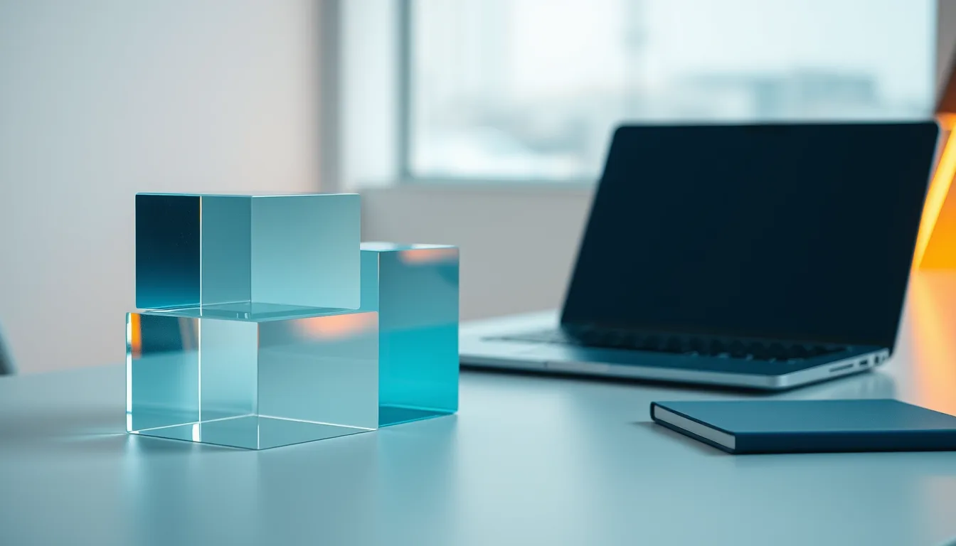 Translucent glass blocks of different sizes on a desk beside a laptop, representing Dynamics 365 Sales license tiers