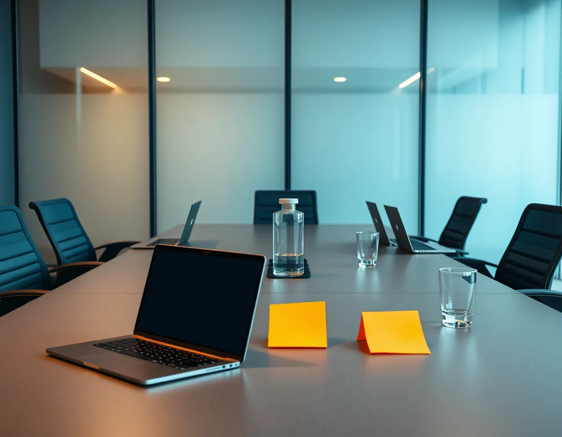 Empty meeting room table with laptops and blank sticky notes, suggesting sales roles being matched to license tiers