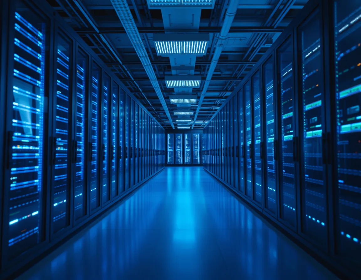 Data center aisle representing GP data replicated to Business Central online