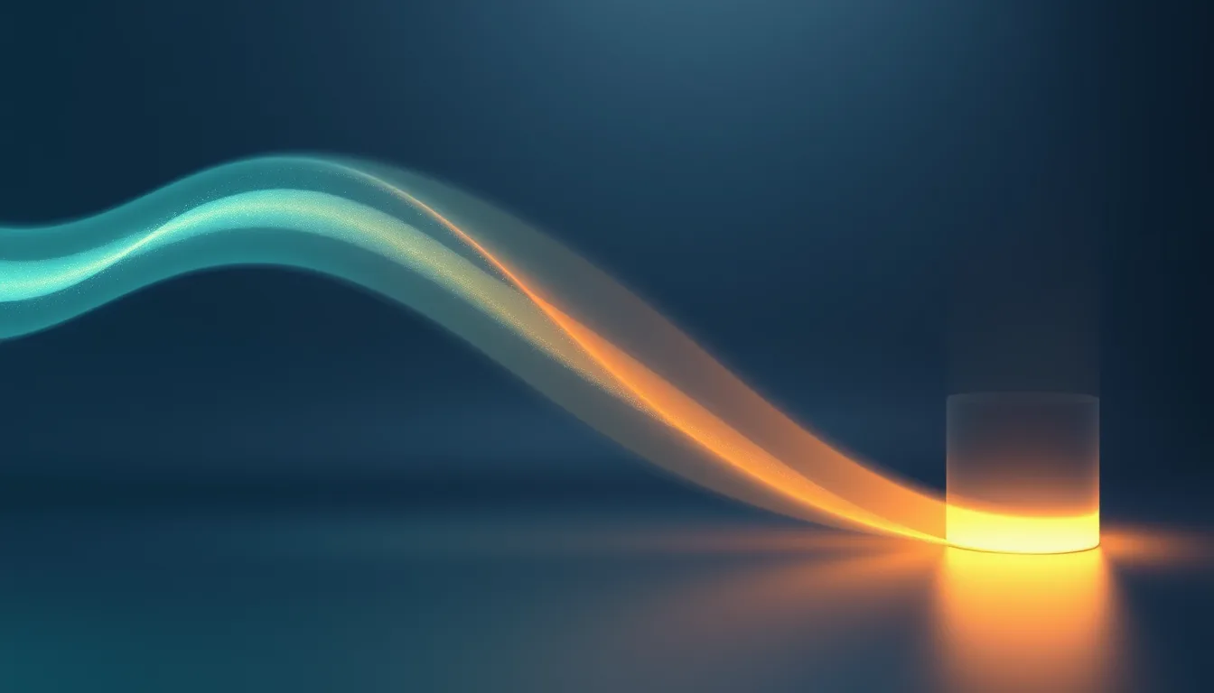 Abstract illustration of a ribbon of teal and orange light flowing into a glowing glass cylinder