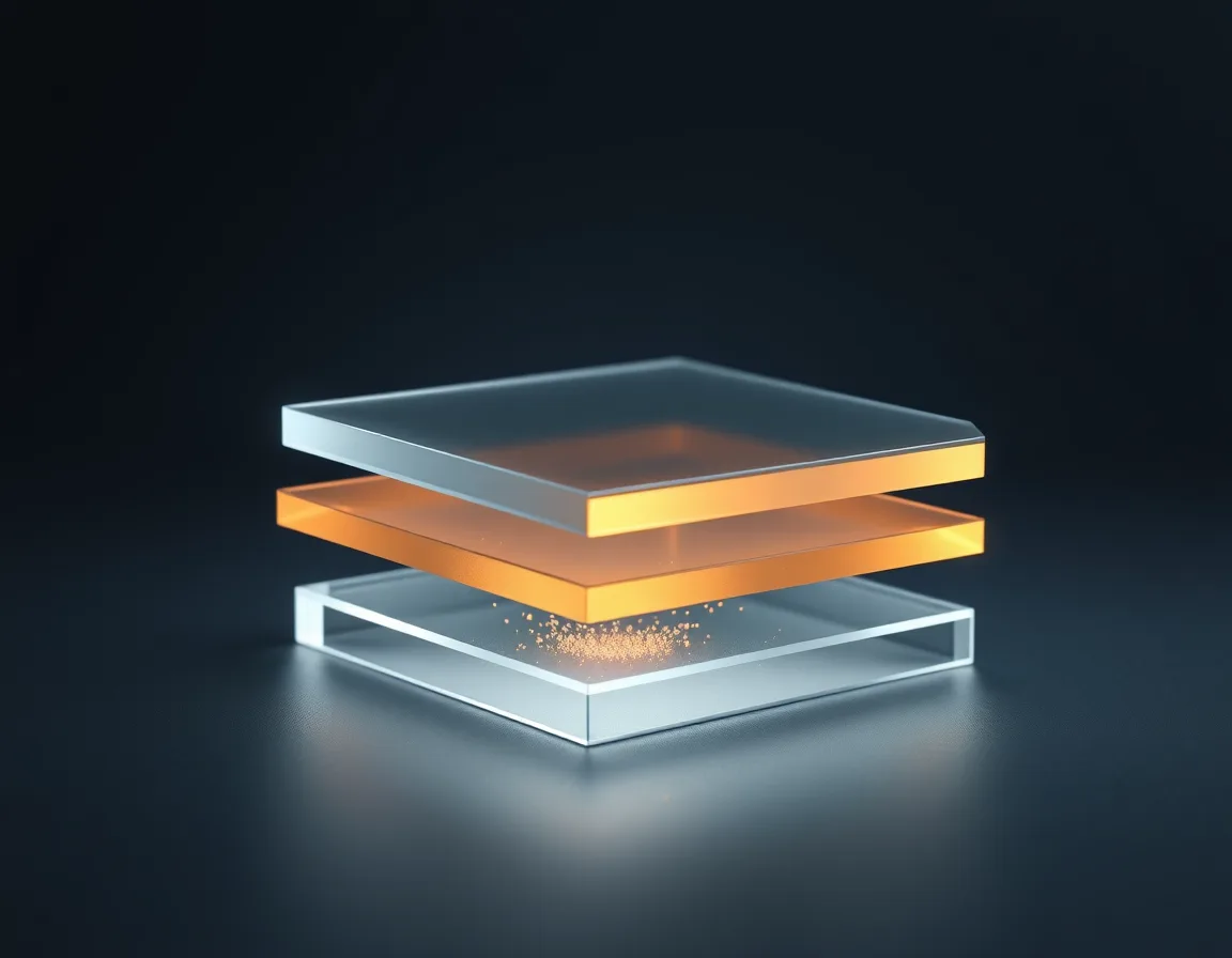 Three stacked glass layers with glowing particles rising between them, representing bronze, silver, and gold data layers