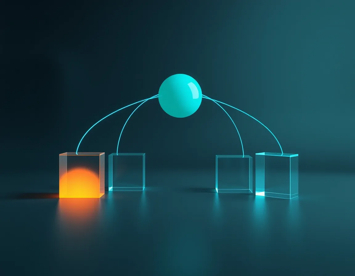 A central glowing hub sending thin light lines to several glass blocks in sequence, representing a pipeline orchestrating jobs