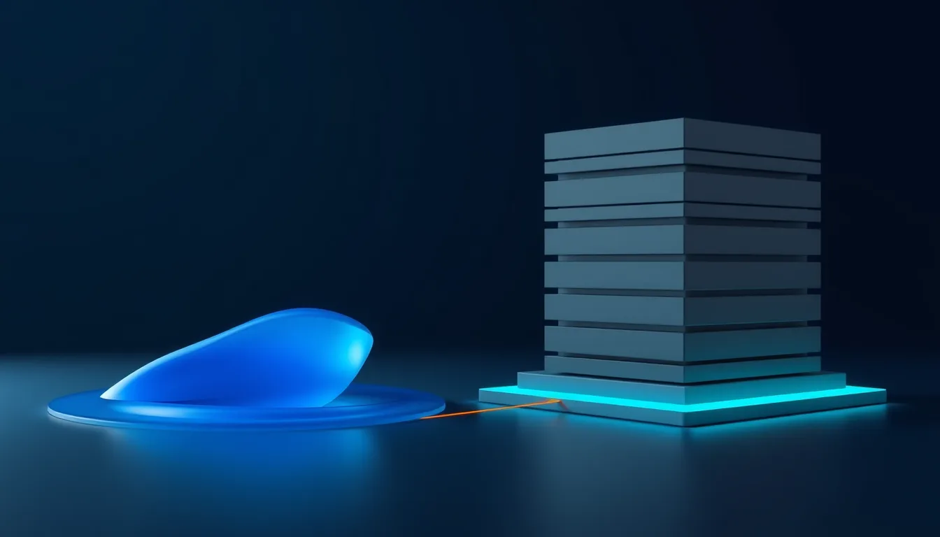 Abstract illustration of a calm lake of blue light beside a stack of orderly glowing blocks, joined by a single shared base layer