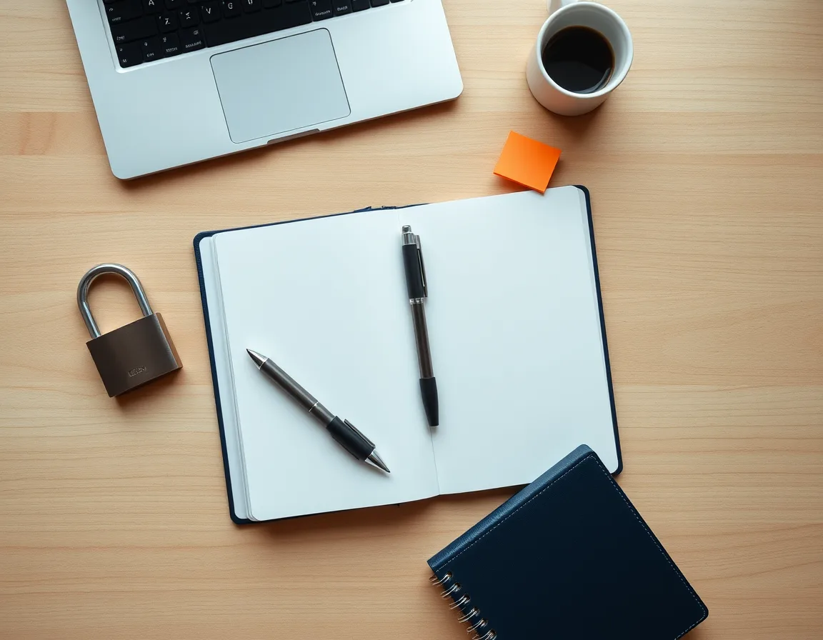 Laptop, open notebook, pens, and a small padlock on a desk while planning data security