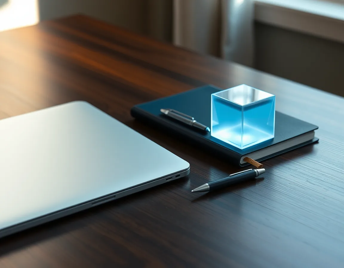 Closed laptop, blank notebook, and pen on a desk beside a small glowing cube, representing capacity planning