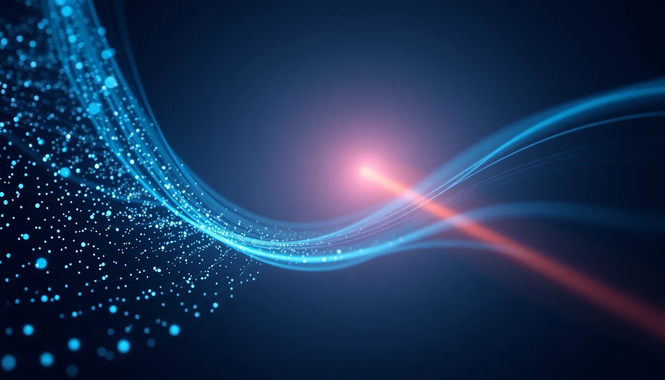 Abstract streams of blue and teal light flowing from scattered small points into one bright central channel on a dark navy background
