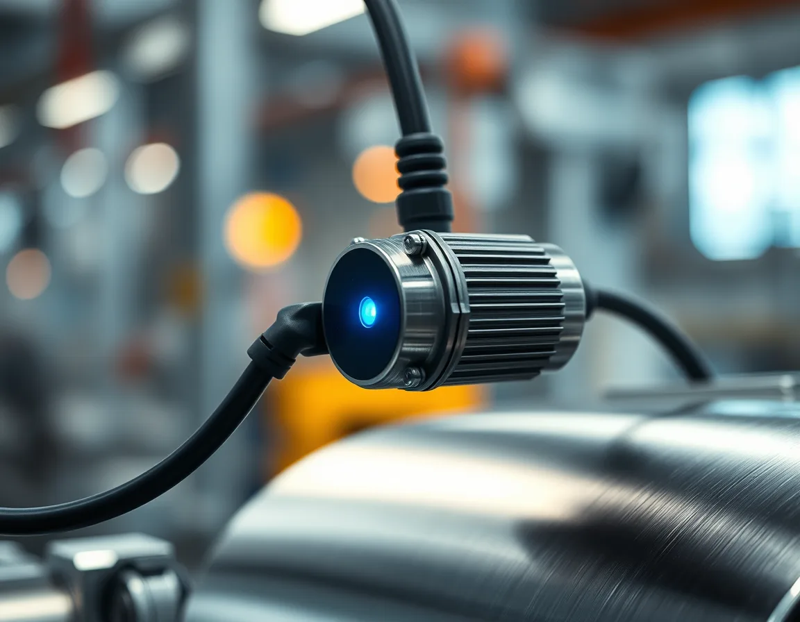 Close-up of a small industrial sensor mounted on a metal machine housing with a soft blue status light