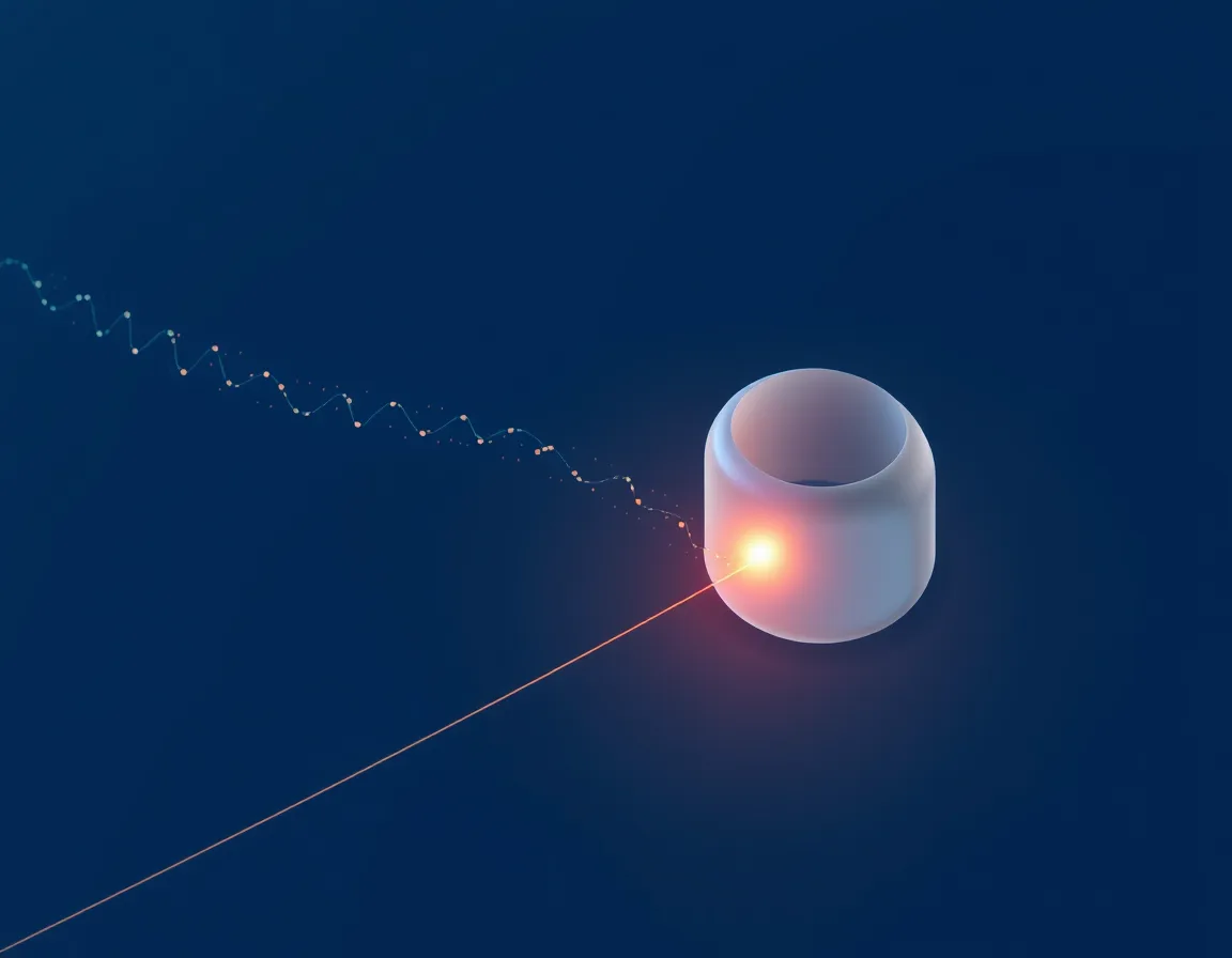 A wavy line of light pulses entering a small glowing cylinder and leaving as a single bright beam, representing an event pipeline