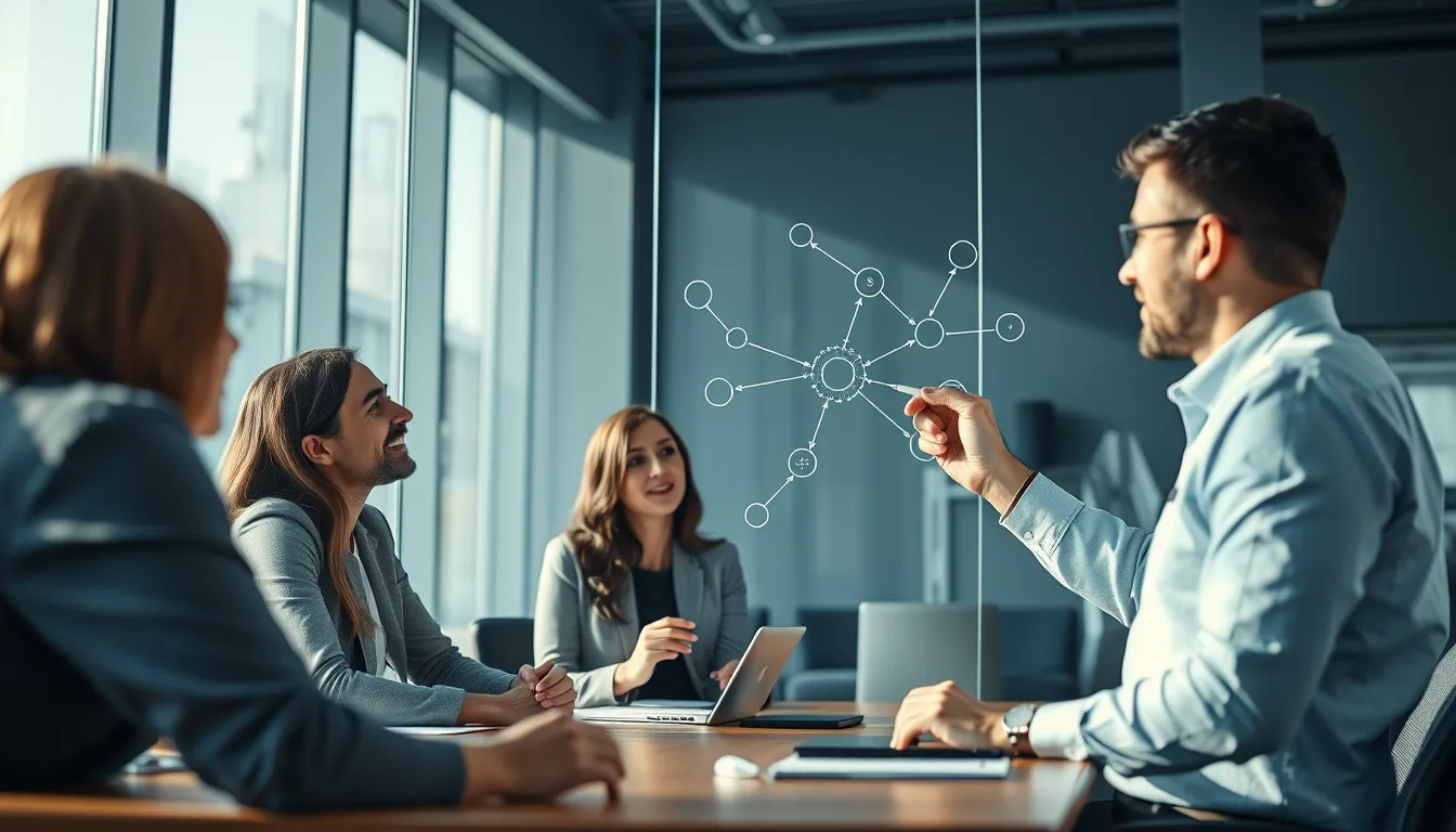 AI agent for Dynamics 365 planning session with a team mapping agent connections on a glass wall